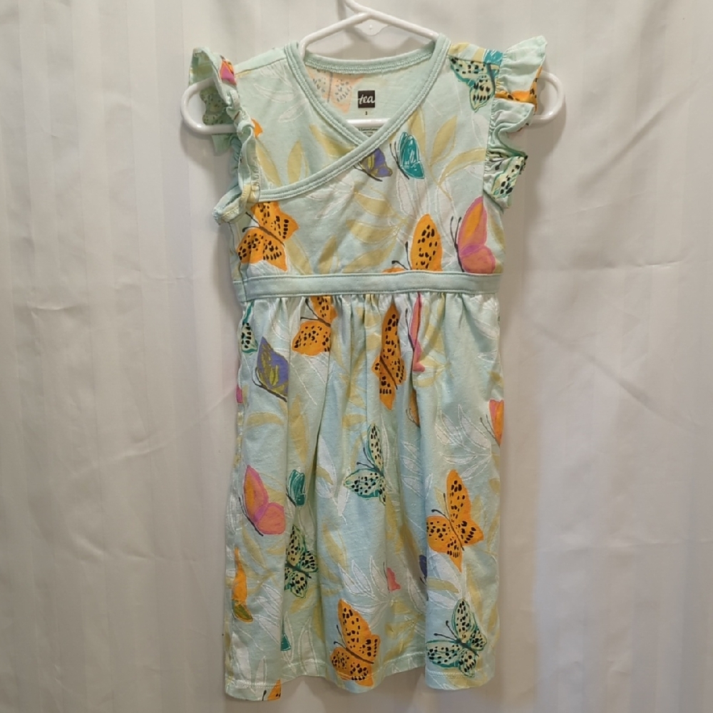 Tea Flutter Sleeve Wrap Neck Dress with Butterfly Print